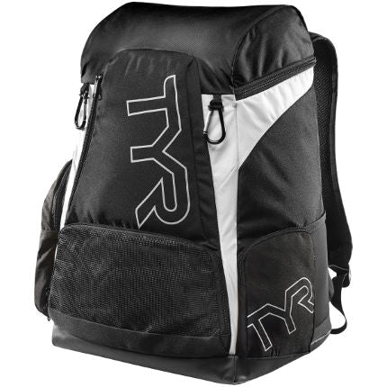 TYR Alliance Team Backpack 45L - Waterproof Swim Backpack for Competition & Training - Black/White - Perfect for Swimming Gear Storage & Travel