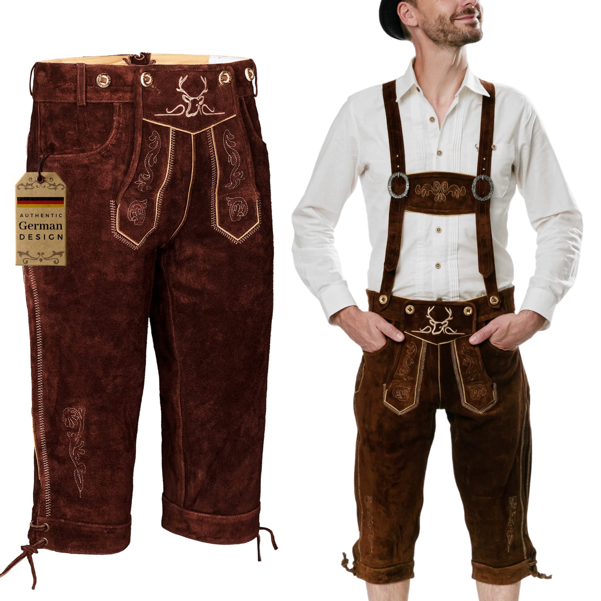 Authentic German Lederhosen for Men - Genuine Leather Bavarian Trachten Pants, Oktoberfest Costume, Long Dark Brown - Perfect for Oktoberfest, Beer Festivals & Cultural Events