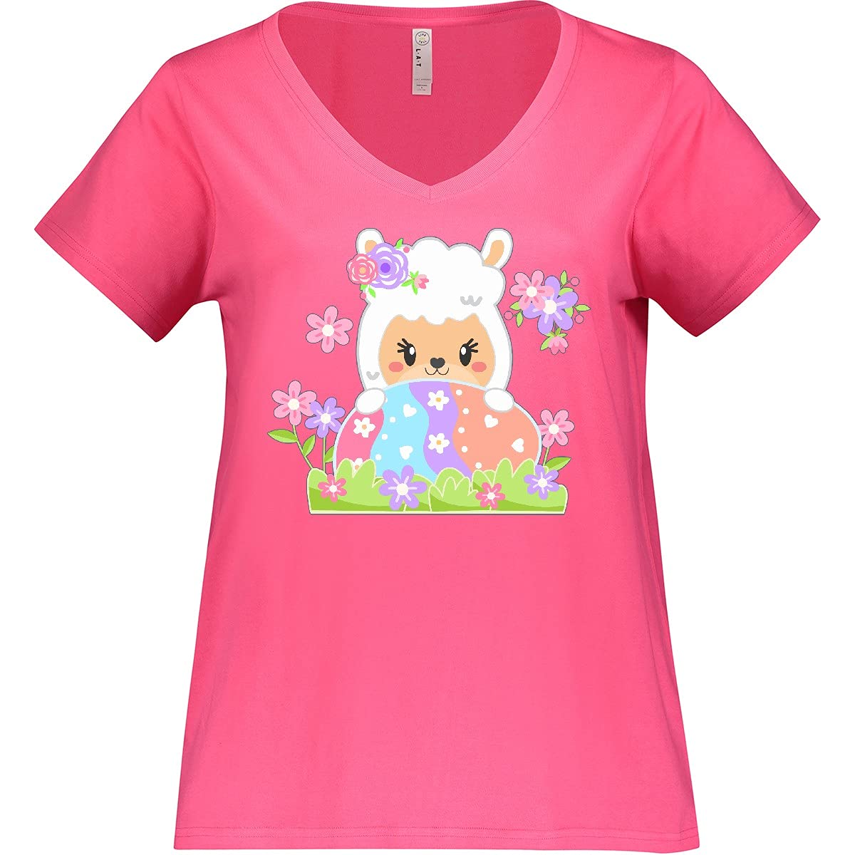 Inktastic Women's Plus Size V-Neck T-Shirt - Cute Easter Llama with Spring Flowers & Egg Design | Floral Animal Print Casual Tee for Spring Outfits, Easter Celebrations & Everyday Wear