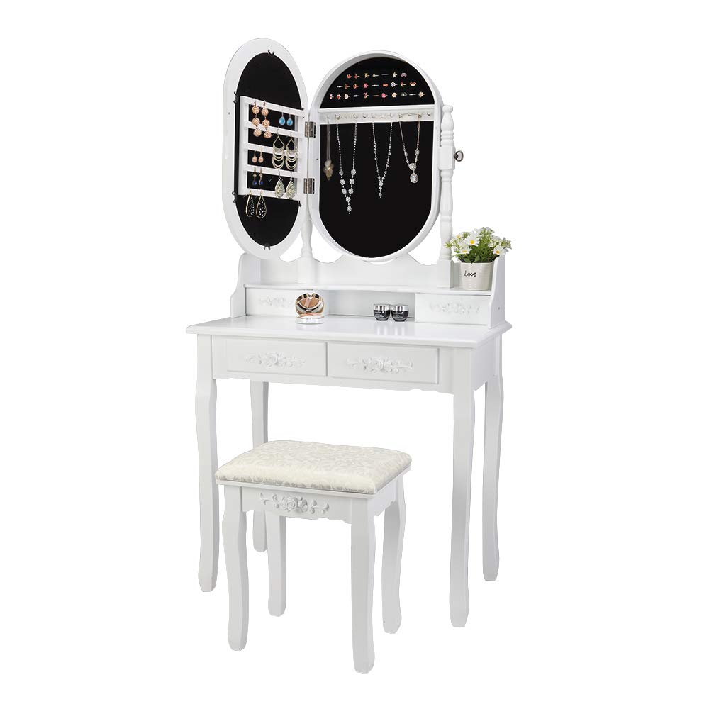 Bonnlo Modern White Vanity Set with 4 Drawers & Jewelry Organizer - Makeup Dressing Table with Cushioned Stool for Bedroom, Bathroom or Dorm Room | Perfect for Cosmetics Storage & Beauty Routine