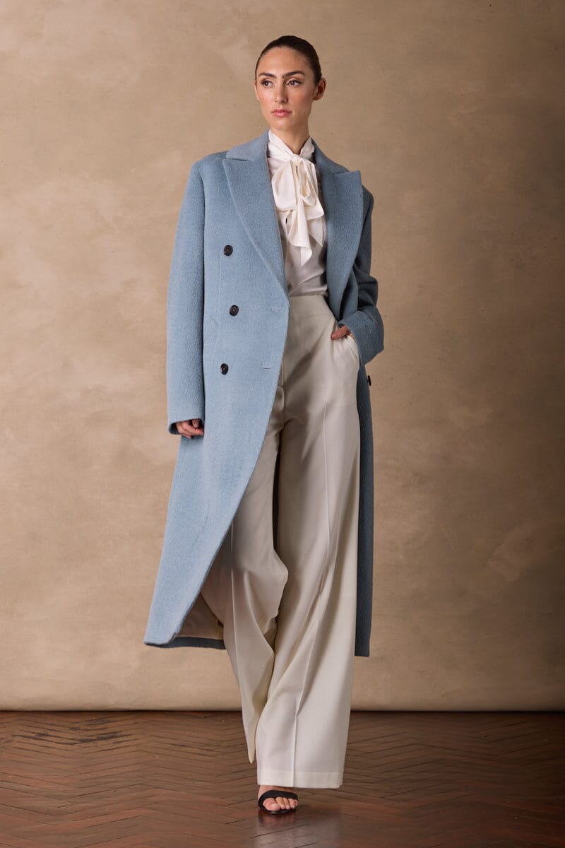 Premium Long Double Breasted Wool Alpaca Coat in Sky Blue | Winter Warm Overcoat for Women & Men | Perfect for Office, Dating & Formal Occasions