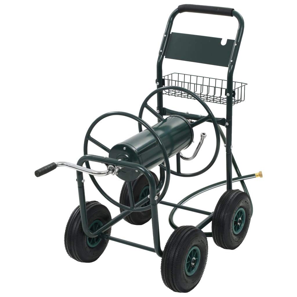 Heavy Duty Rust Resistant Garden Hose Reel Cart with Storage Basket - 4 Anti-Slip Rubber Wheels & 1/2 Inch Hose Connector - 246ft Winding Capacity - Perfect for Lawn Care, Gardening, and Outdoor Watering