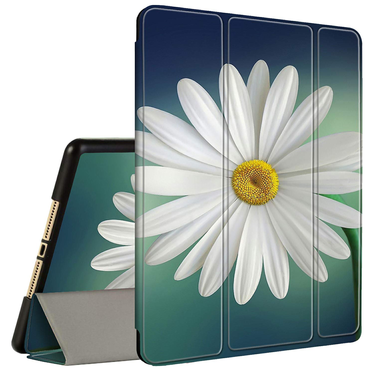 Amook Tri-Fold Smart Cover Stand Case for iPad 9.7 (2017/2018) & iPad Air 1/2 - Shockproof with Pencil Holder, Daisy Flower Design - Perfect for Work, School & Travel
