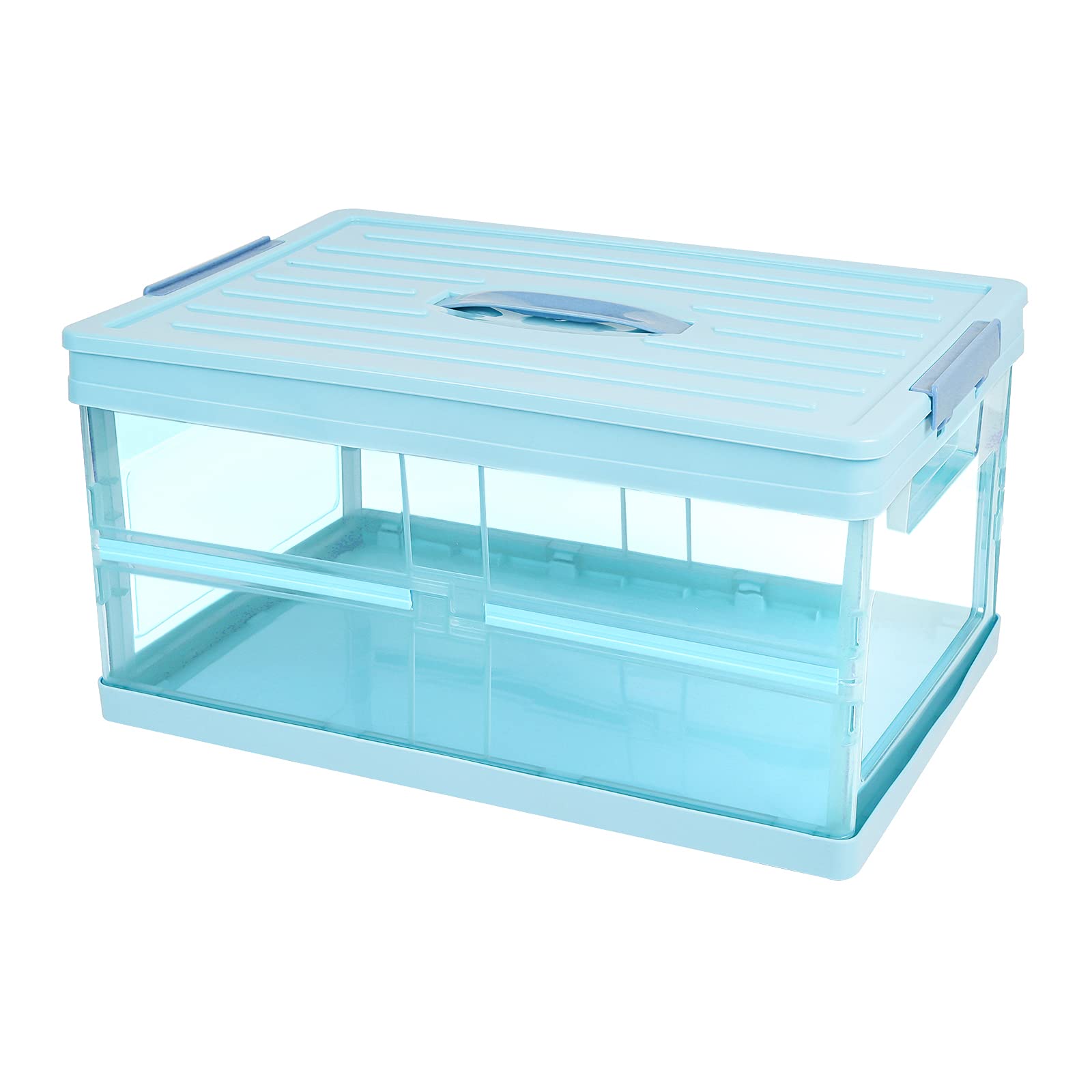 Lucky Monet Clear Plastic Storage Box with Lid & Handle - Collapsible, Foldable Organizer Bin for Home, Office, Closet & Car Trunk - Space-Saving Storage Cube (Small, Blue) - Perfect for Organizing Toys, Clothes & Travel Essentials