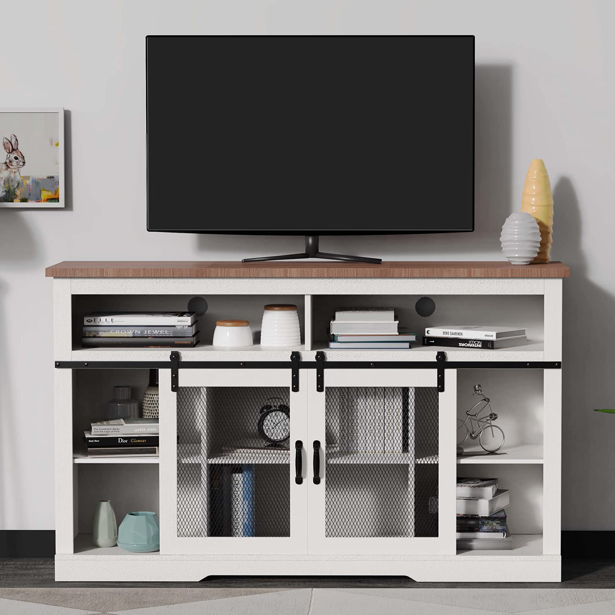 TOLEAD 65 Inch Farmhouse TV Stand with Sliding Barn Doors - Rustic Entertainment Center & Storage Cabinet for Living Room, Bedroom - White | Perfect for Farmhouse Decor & Small Space Organization