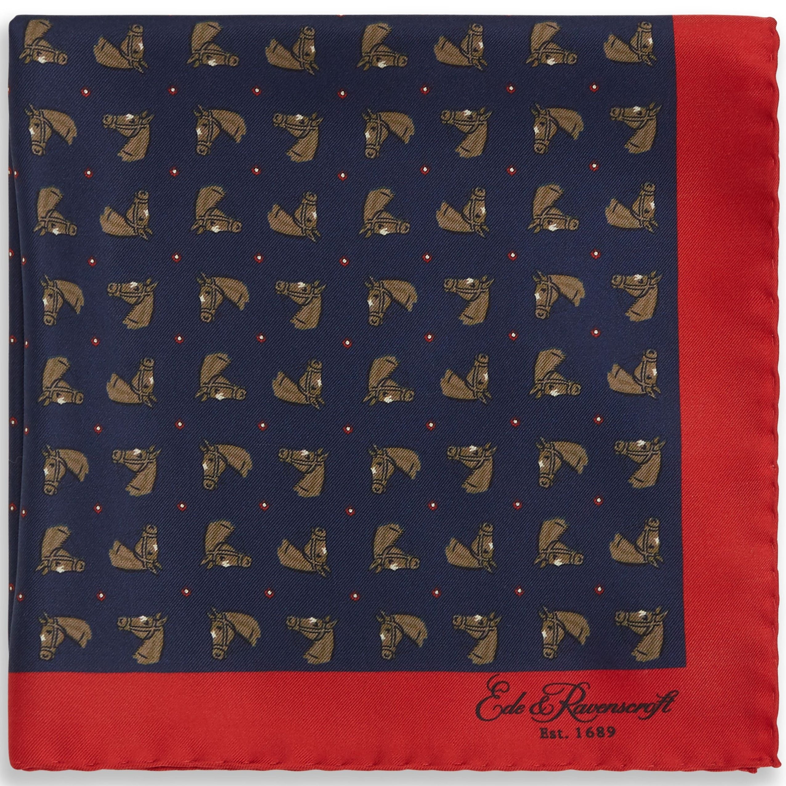 Navy and Red Horse Silk Pocket Square - Elegant Men's Fashion Accessory for Weddings, Business & Formal Events
