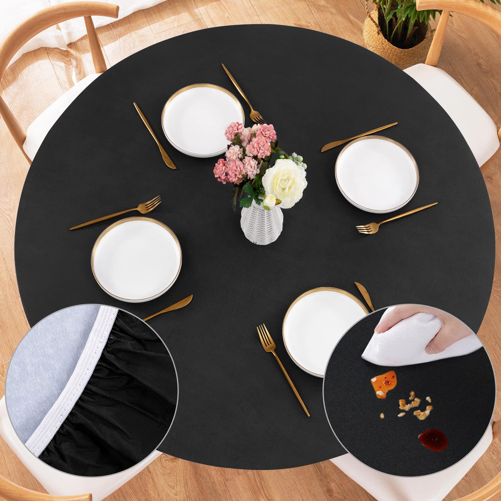 UMINEUX Waterproof Round Fitted Tablecloth with Elastic Edge & Flannel Backing - Wipeable Vinyl Table Cover for 45