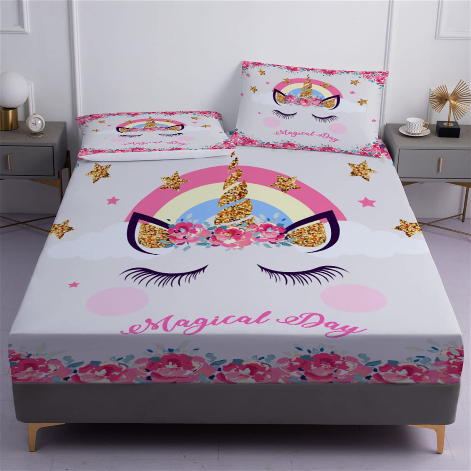 DXH Full Size Unicorn Bed Sheets Set - Rainbow Stars & Flowers Design, Soft Fitted Sheet for Girls Kids Bedroom Decor | Perfect for Sleepovers, Birthday Gifts & Fantasy Themed Rooms