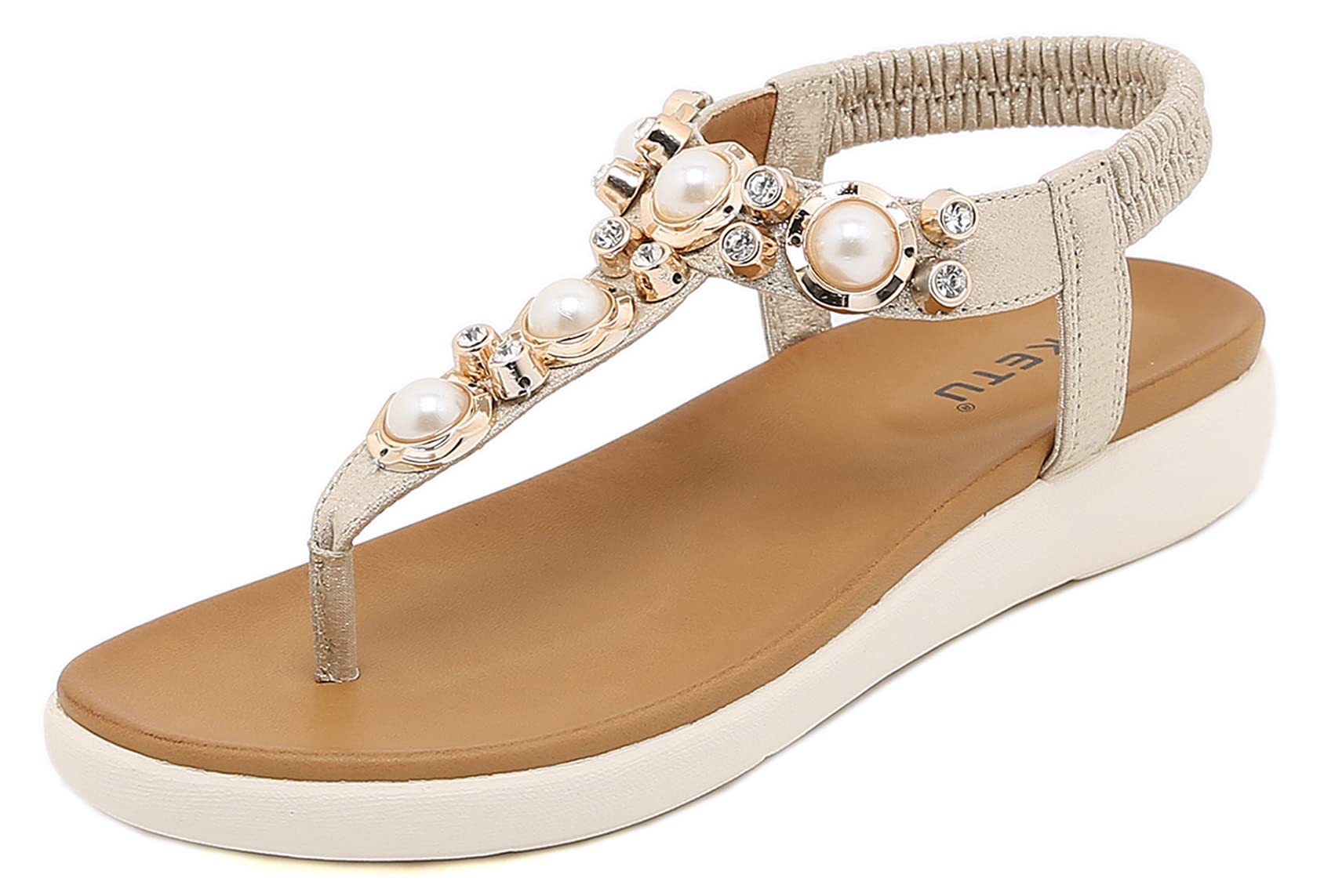DolphinBanana Women's Bohemian Glitter Summer Flat Sandals with Rhinestones & Pearls - Comfortable T-Strap Flip Flops for Beach, Vacation, and Casual Outfits