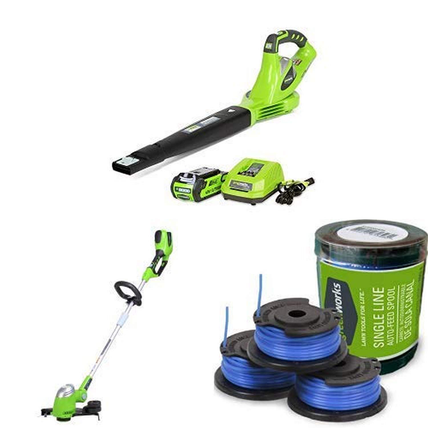 Greenworks 40V Variable Speed Cordless Leaf Blower with 2.0AH Battery & String Trimmer/Edger Combo Kit - Includes 3-Pack Replacement Spools for Lawn Care, Yard Maintenance, and Landscaping