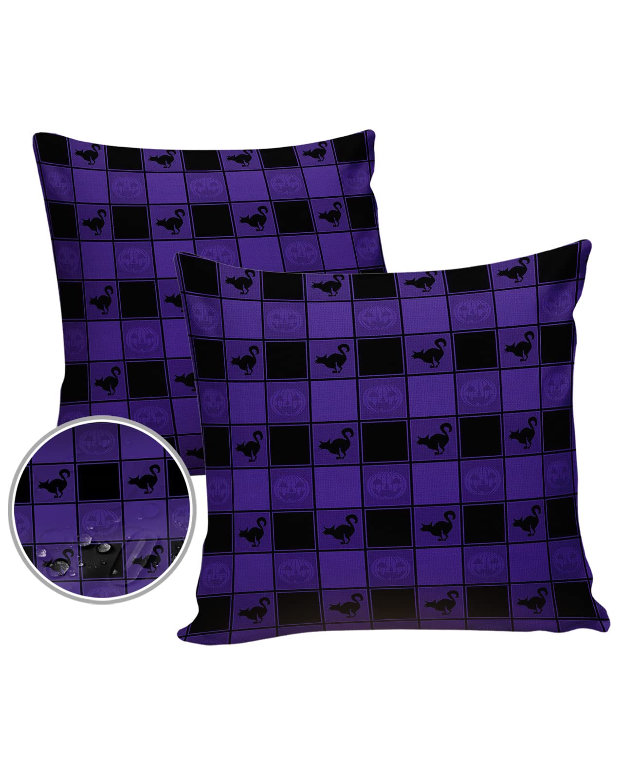 Waterproof Outdoor Pillow Covers Set of 2 - 16x16 Inch Halloween Polyester Throw Pillow Cases for Patio Furniture, Sofa & Garden (Black Purple Check Plaid with Cat Jack O' Lantern) - Perfect for Halloween Decor, Outdoor Seating & Seasonal Home Accents