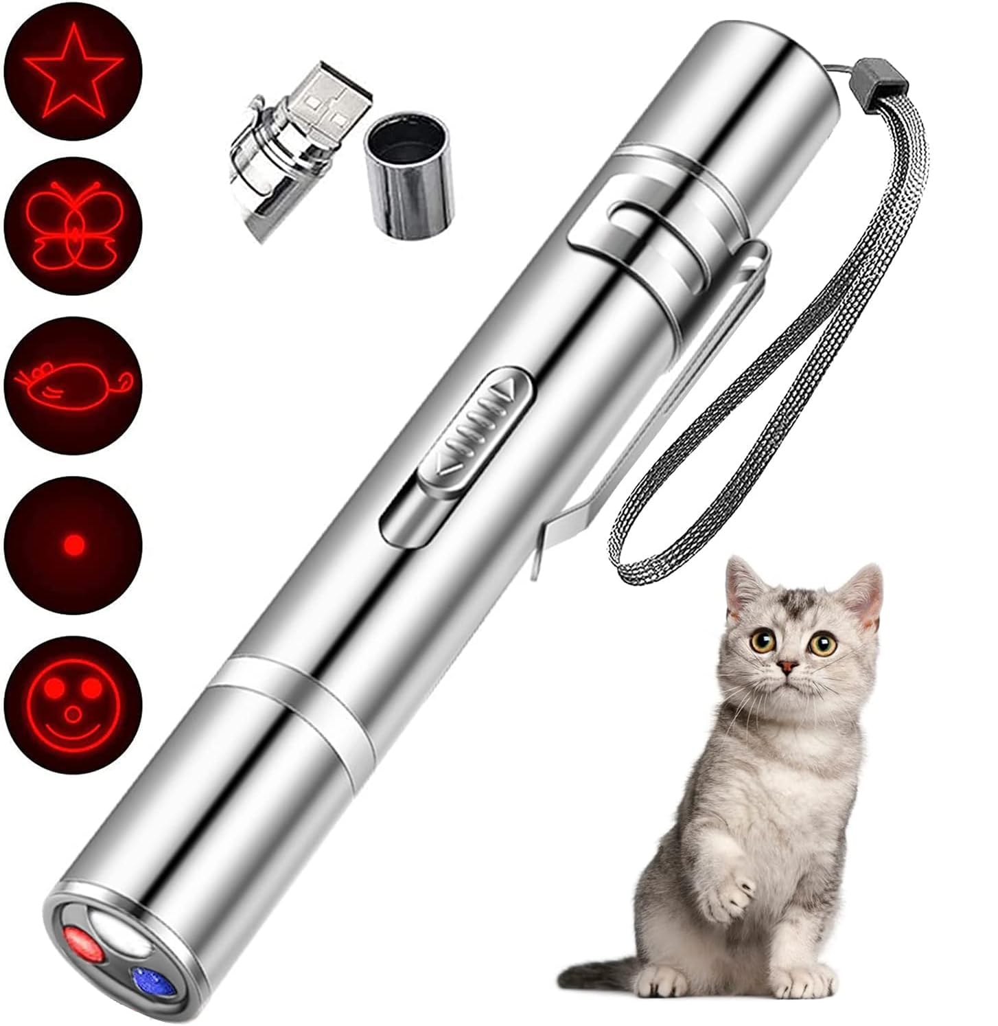 7-in-1 Interactive Cat Toys with 3 LED Light Modes, Fun Kitten Chaser Toy for Indoor Cats, Exercise & Training Tool, Silver Iron Box Packaging - Perfect for Playtime & Bonding