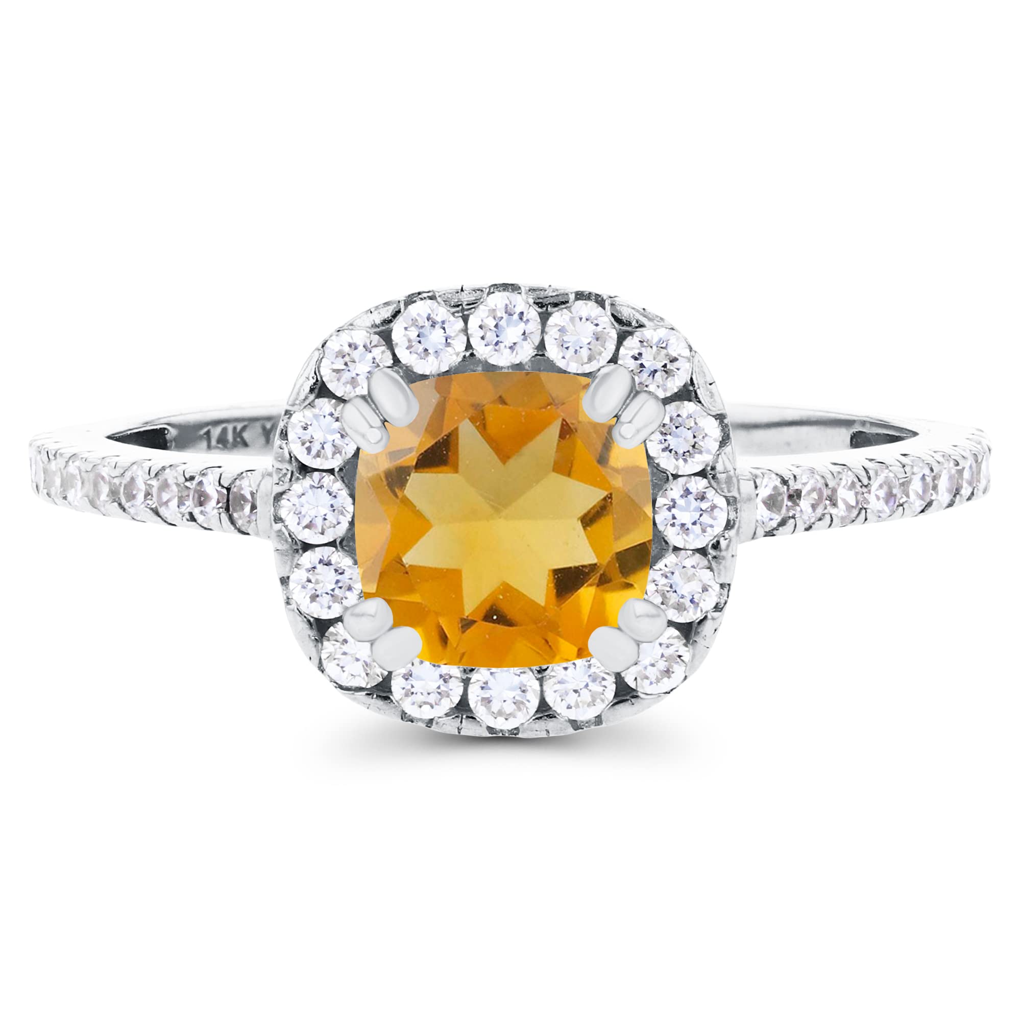 14K White Gold 6mm Cushion Cut Natural Birthstone & Created White Sapphire Halo Engagement Ring for Women - Size 7 | Perfect for Proposals, Anniversaries & Special Occasions