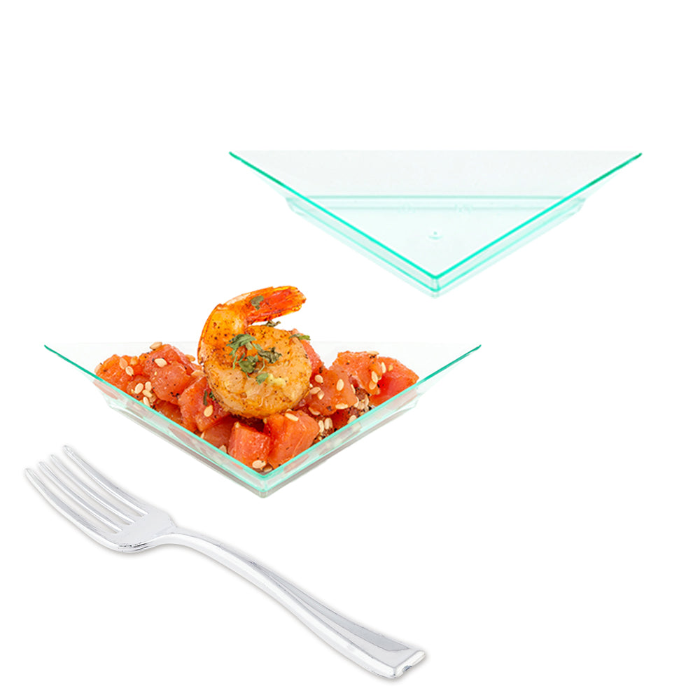 100-Pack Seagreen Plastic Mini Triangle Appetizer Plates & 100-Pack Silver Plastic Mini Forks - Perfect for Parties, Weddings, and Catering Events