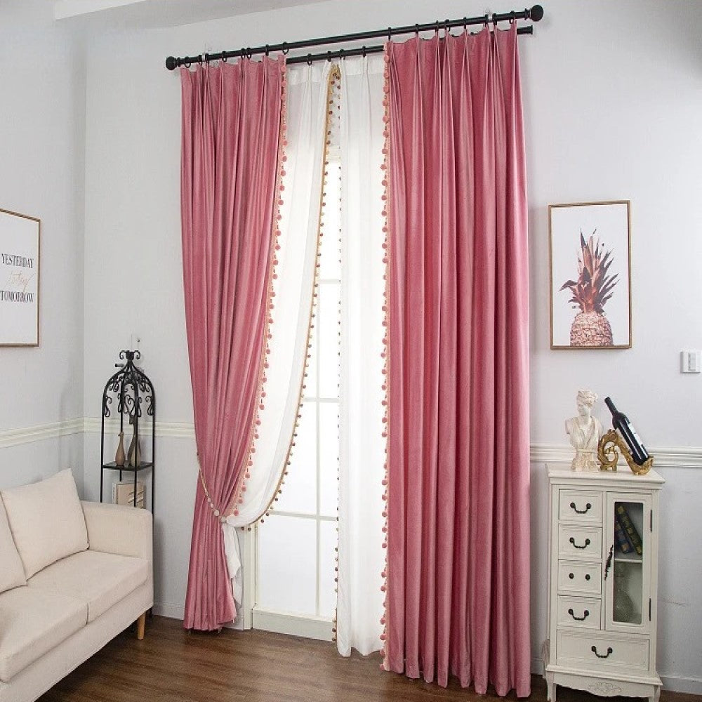 Luxury European Pompom Lace Velvet Curtains - Pink Elegant Window Drapes for Living Room & Bedroom Decor