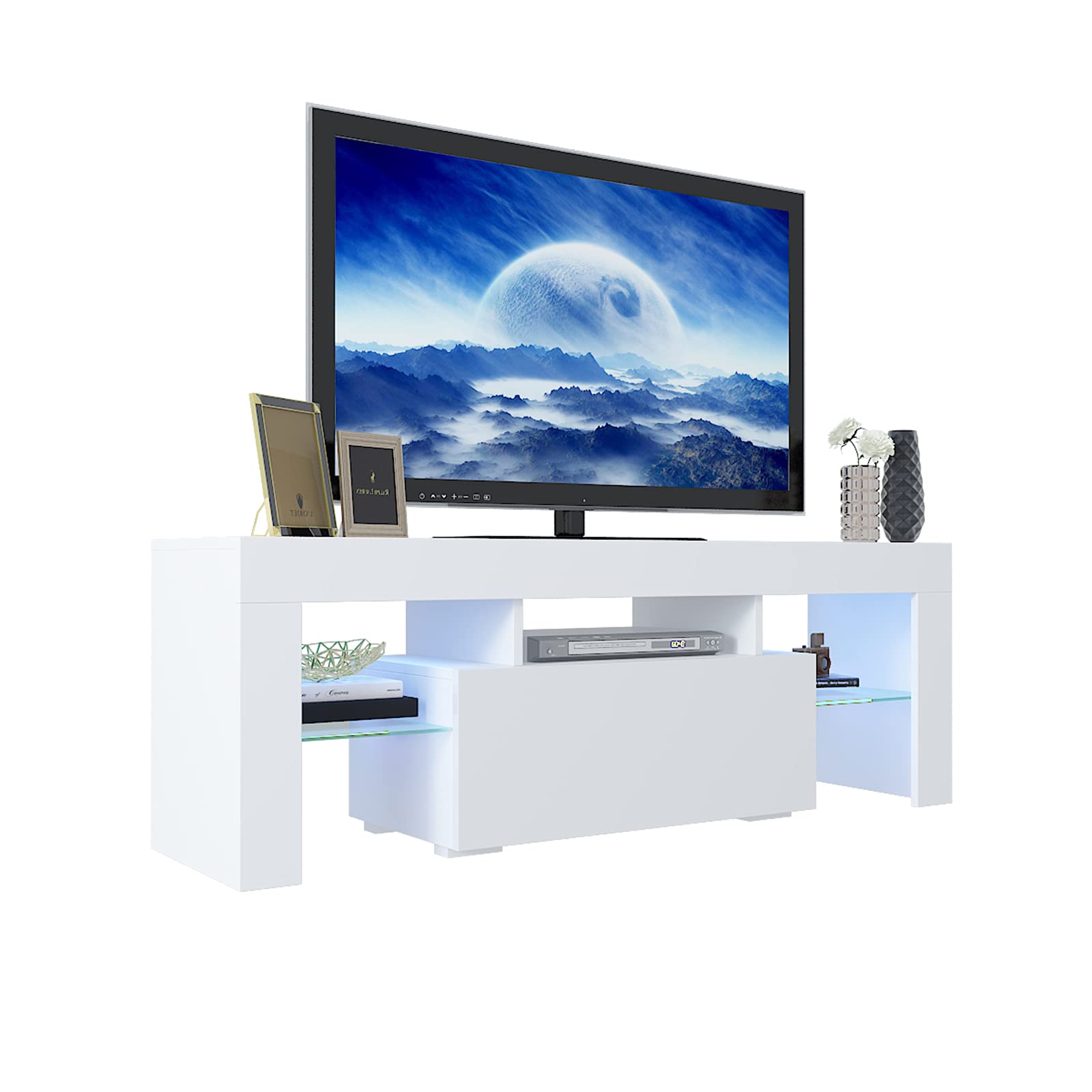 Modern Minimalist TV Stand Cabinet with High-Gloss LED Lights - 130×35×45cm White Entertainment Center for Living Room, Storage Shelves & Media Console | Perfect for Home Theater Setup & Stylish Living Room Decor