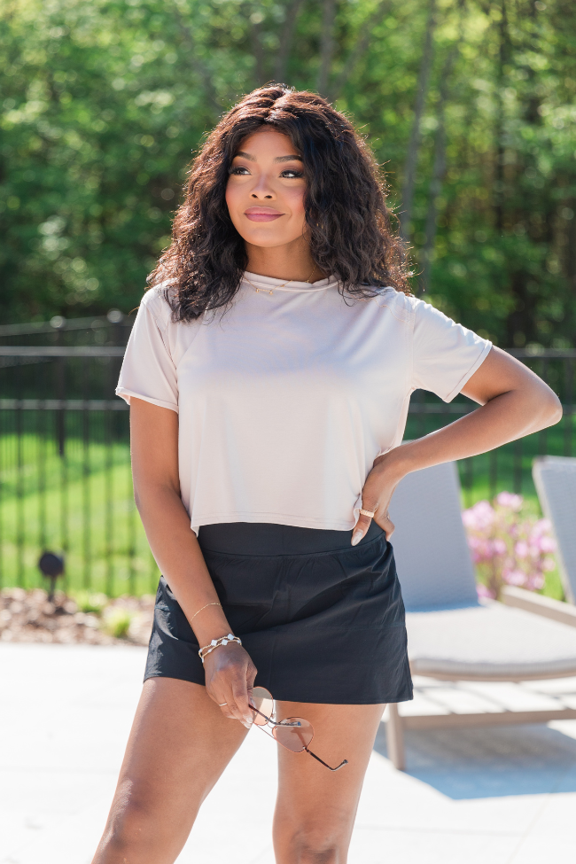 One Step Ahead Taupe Cropped Tee | Women's Casual Short Sleeve Shirt | Perfect for Summer Outfits & Layering
