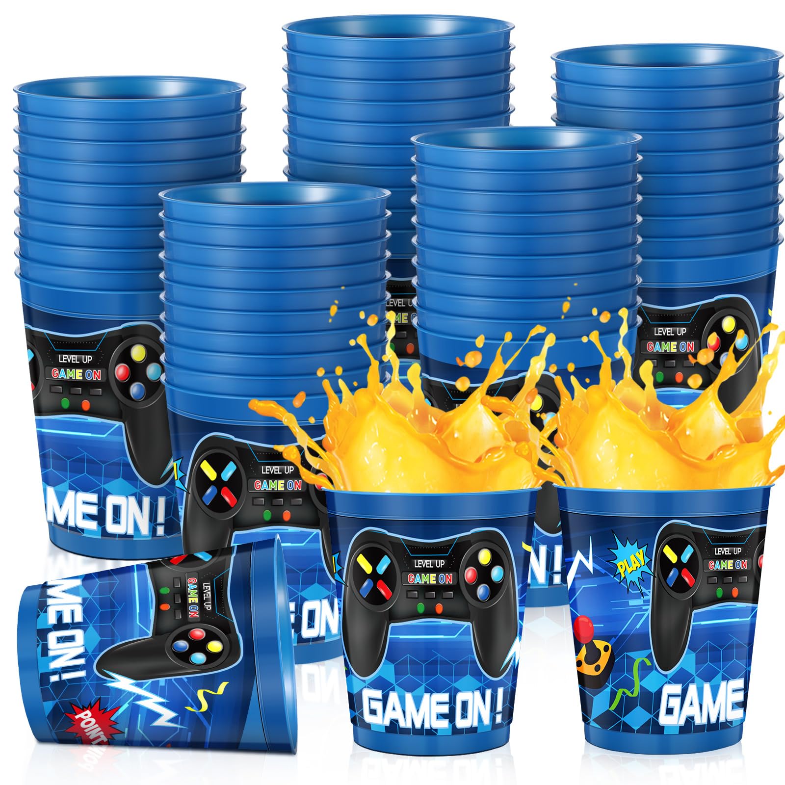 Tanlade 50-Pack 16oz Reusable Plastic Video Game Themed Cups - Blue Gaming Party Supplies for Birthday Decorations & Gamer Favors | Perfect for Game Nights, LAN Parties & Esports Events