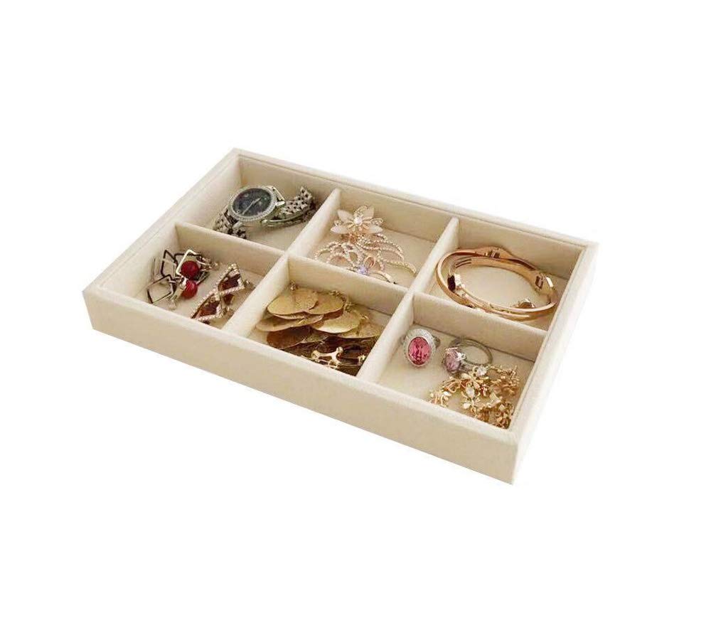 Premium Light Beige Jewelry Organizer Tray - 6 Grid Stackable Drawer Divider for Necklaces, Rings & Earrings | Closet & Vanity Storage Solution