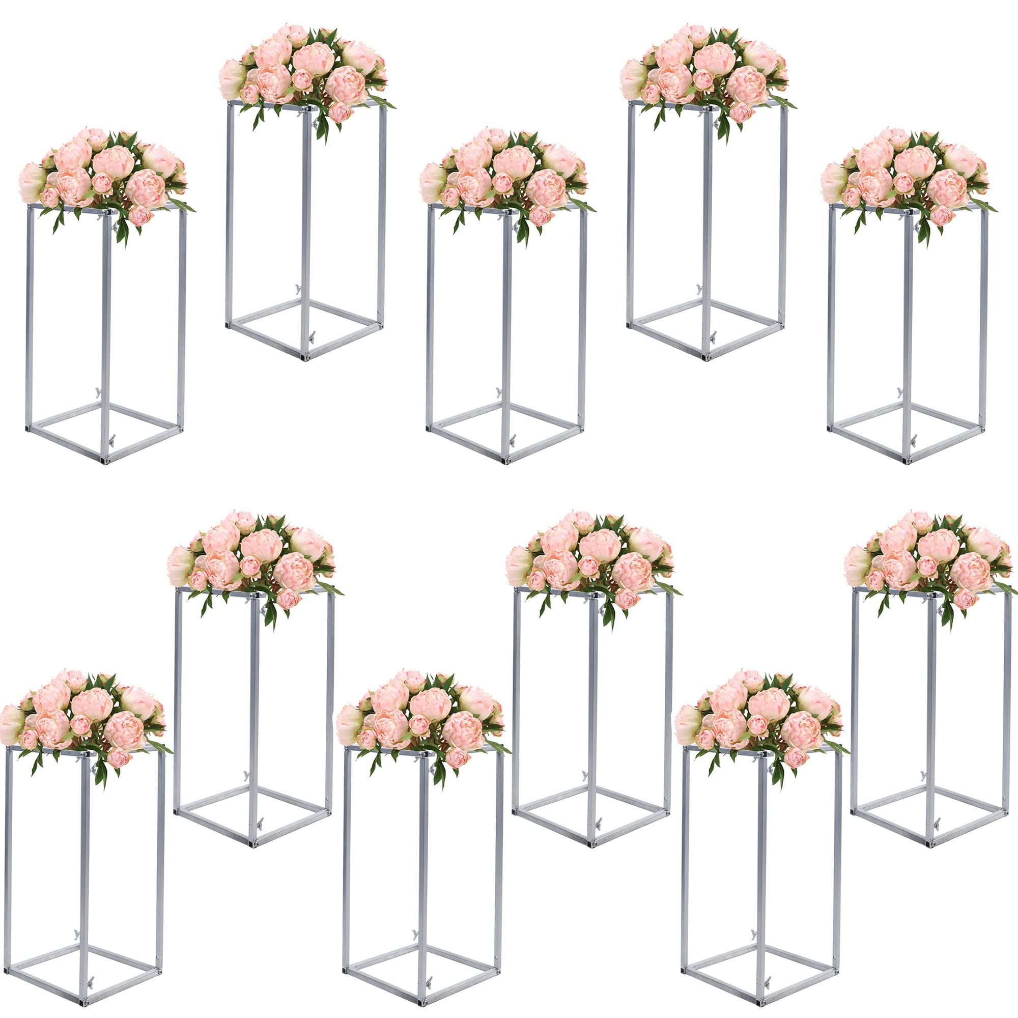 11-Piece Silver Metal Wedding Flower Stand Set - 15.7x8.7x8.7 Inch Geometric Vase Columns for Floral Arrangements - Perfect for Weddings, Events & Home Decor (US Stock)