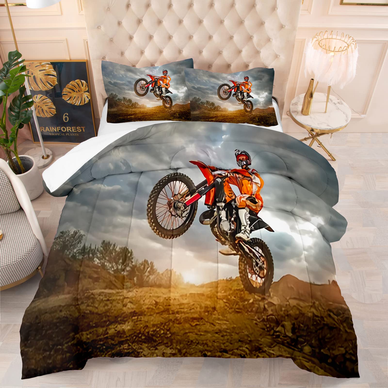 CERYUEE Motocross Dirt Bike Bedding Set - Twin Size Motorcycle Themed Comforter & Pillow Sham for Boys (1 Comforter + 1 Pillow Sham) - Perfect for Kids' Bedrooms, Dorm Rooms & Motocross Enthusiasts