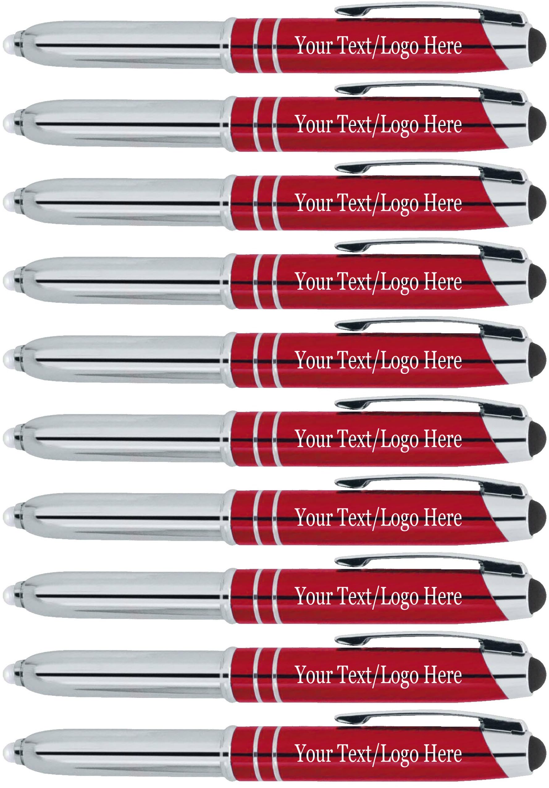 Custom Engraved Pens Bulk 50 Pack - Personalized with Your Text or Logo - 3-in-1 LED Flashlight, Ballpoint Pen & Touchscreen Stylus - Perfect for Corporate Gifts, Trade Shows, Promotional Events & Office Supplies (Red)