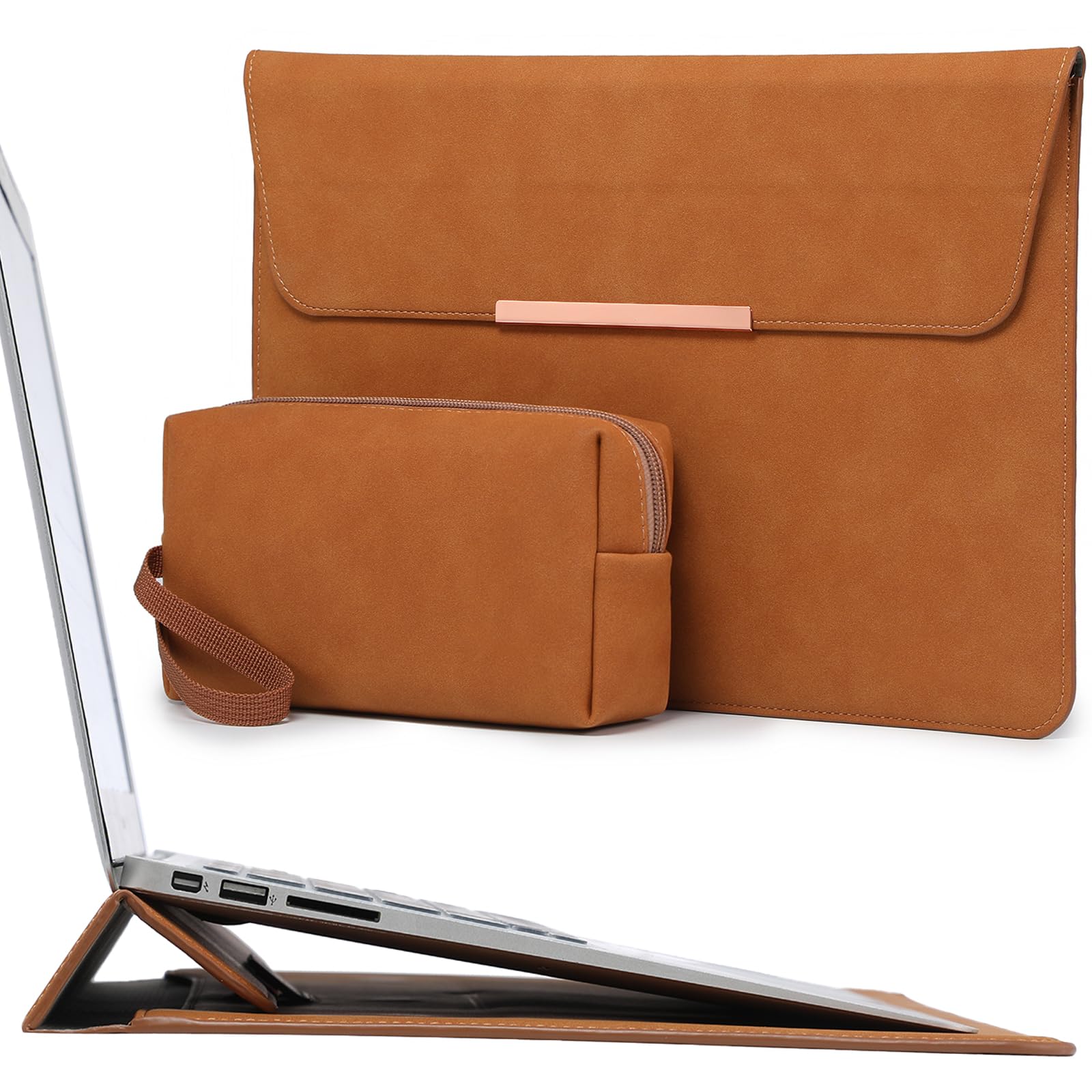 Premium 15-16 Inch Laptop Sleeve with Stand - Compatible with MacBook Pro 16 M4/M3/M2/M1 (2025-2019), MacBook Pro 15 (2015-2012), Dell XPS 15, Samsung Galaxy Book Flex/Pro 15 - Protective Brown PU Leather Case with Smiley Design - Perfect for Business Travel, College & Coffee Shop Use