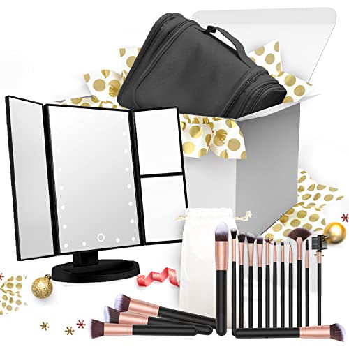 Premium 21 LED Lighted Makeup Mirror with Travel Brush Set & Hanging Toiletry Bag - Complete Beauty Gift Set for Women, Girlfriend, Mom - Perfect for Home Vanity, Travel & Holiday Gifting