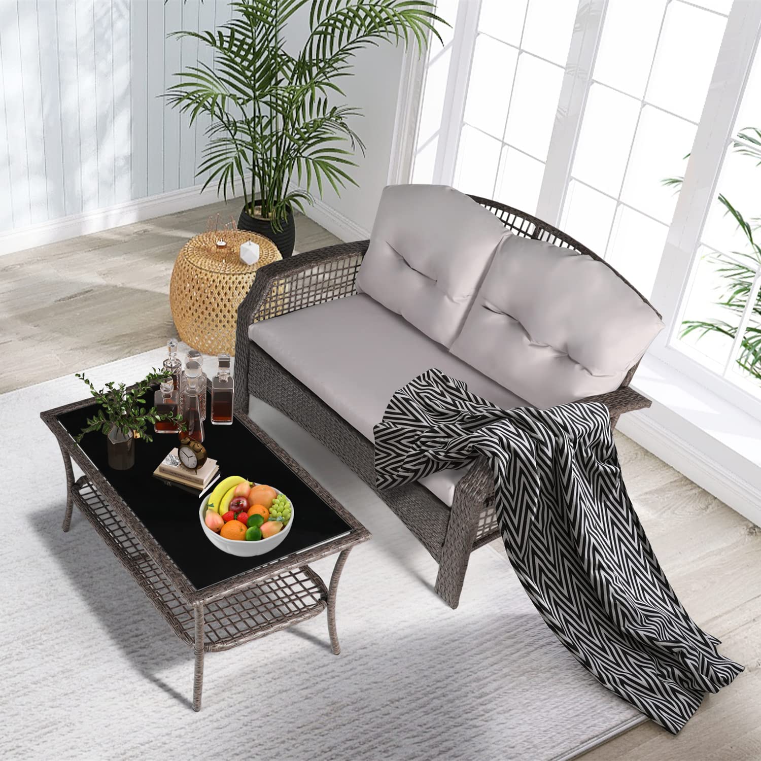 AILEEKISS 5-Piece Outdoor Patio Furniture Set - All-Weather Wicker Sectional Sofa with Tempered Glass Coffee Table - Modern Garden Conversation Set for Backyard, Poolside, and Patio (Light Grey)