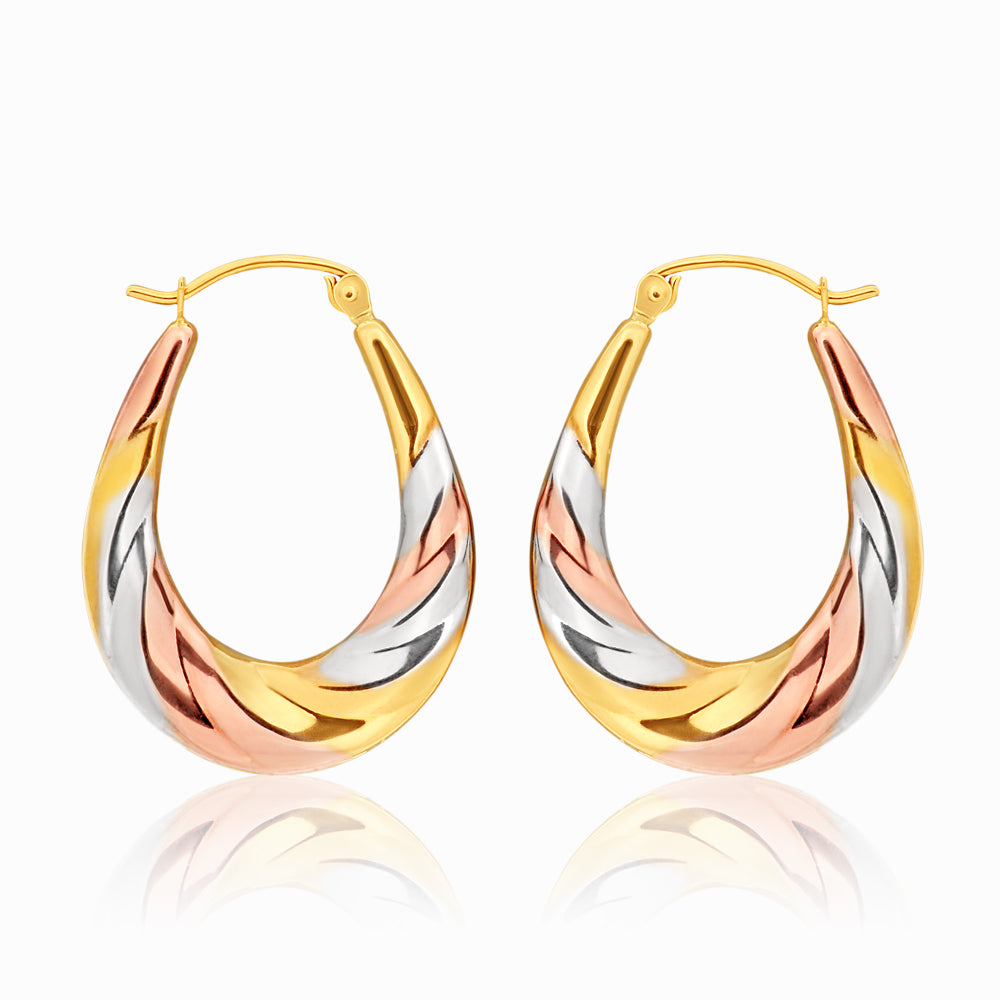 9ct Three-Tone Gold 13mm Creole Earrings with a Twist - Elegant Hoop Earrings for Women, Perfect for Parties, Weddings & Everyday Wear