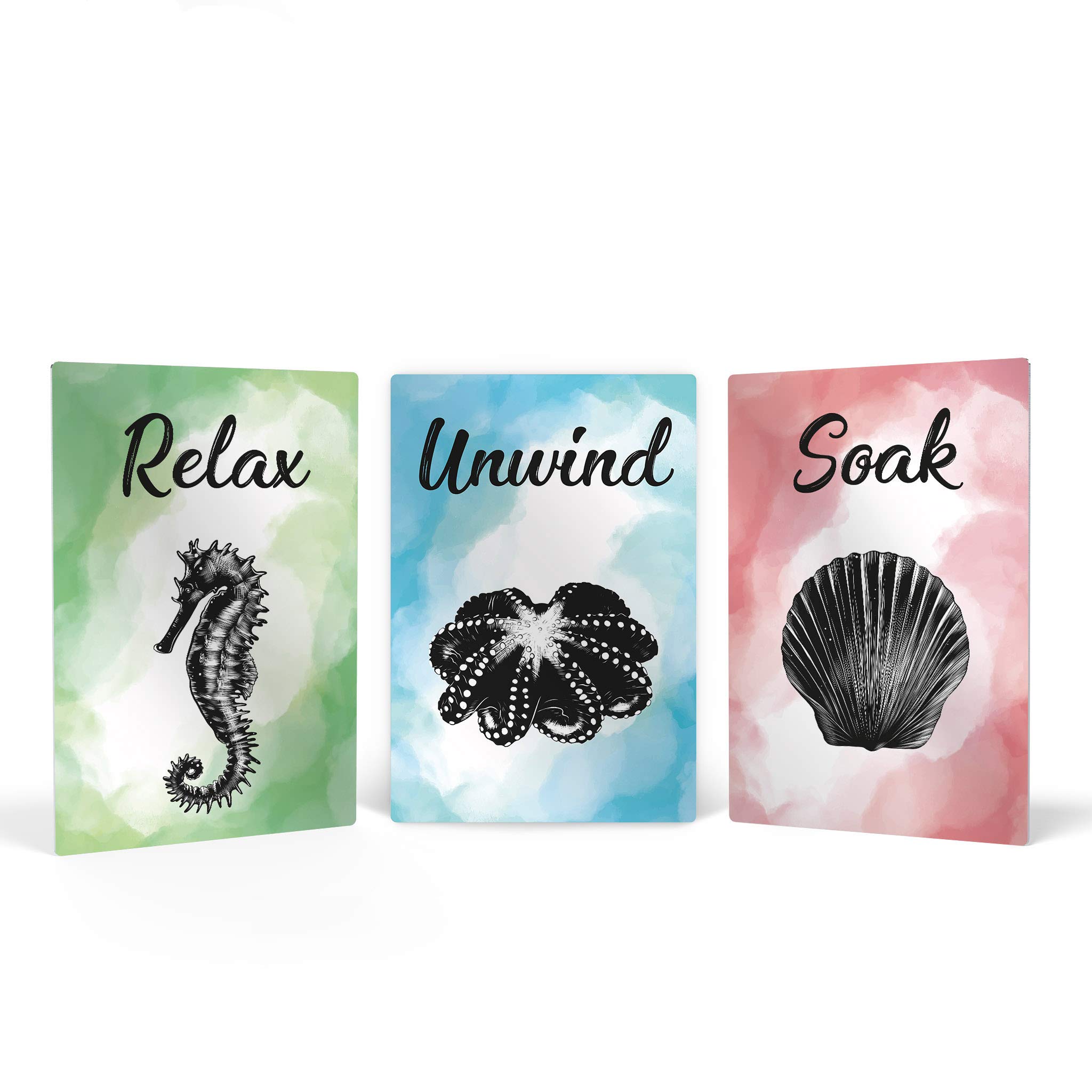 Smile Art Design 3-Piece Metal Print Set - Relax Soak Unwind Quote Bathroom Wall Decor, Funny Toilet Sign, Ready to Hang (12x8 inches) - Perfect for Bathroom, Powder Room & Spa Decor
