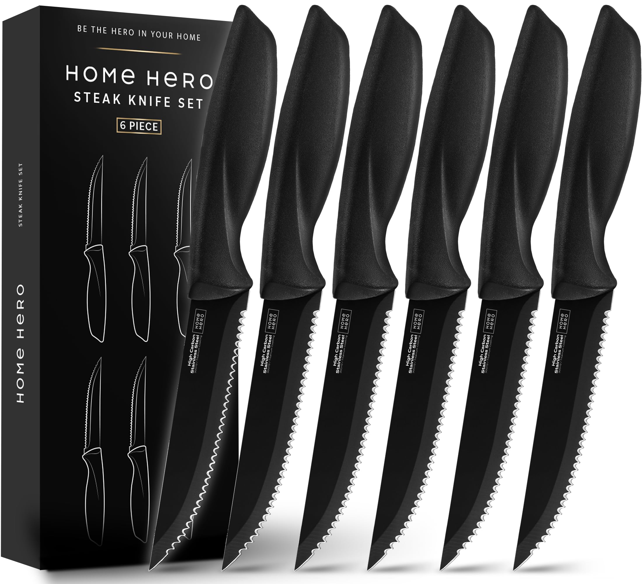 Premium Steak Knives Set - 6-Piece High-Carbon Stainless Steel Serrated Knives with Ergonomic Handles (Black) - Perfect for Steak Dinners, BBQs, and Fine Dining at Home