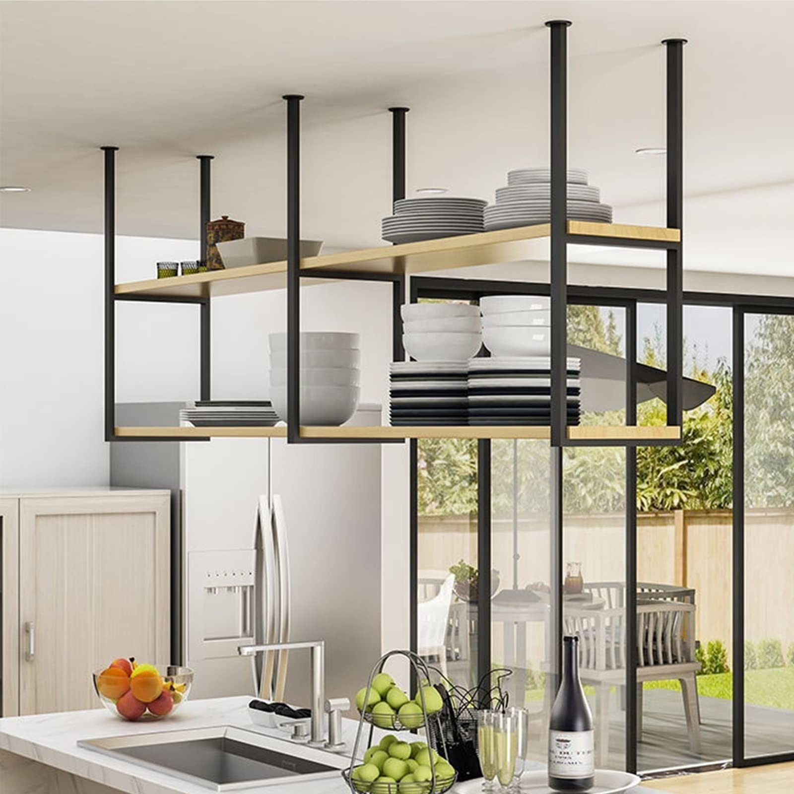 2-Tier Hanging Wine Rack - Wrought Iron & Solid Wood Ceiling Storage Shelf for Kitchen, Bar, Dining & Living Room - 55
