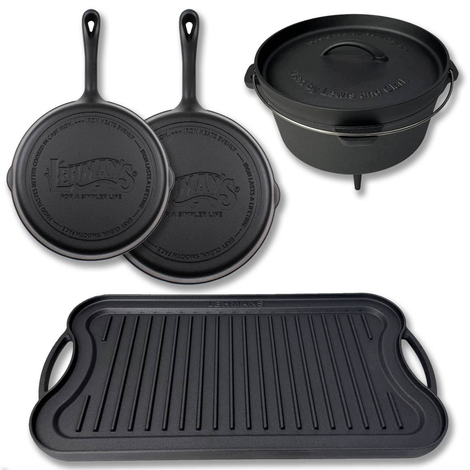**Lehman's 4-Piece Campfire Cooking Set – Nitrided Dutch Oven, Skillet & Griddle – Perfect for Outdoor Camping, Backpacking & BBQ**