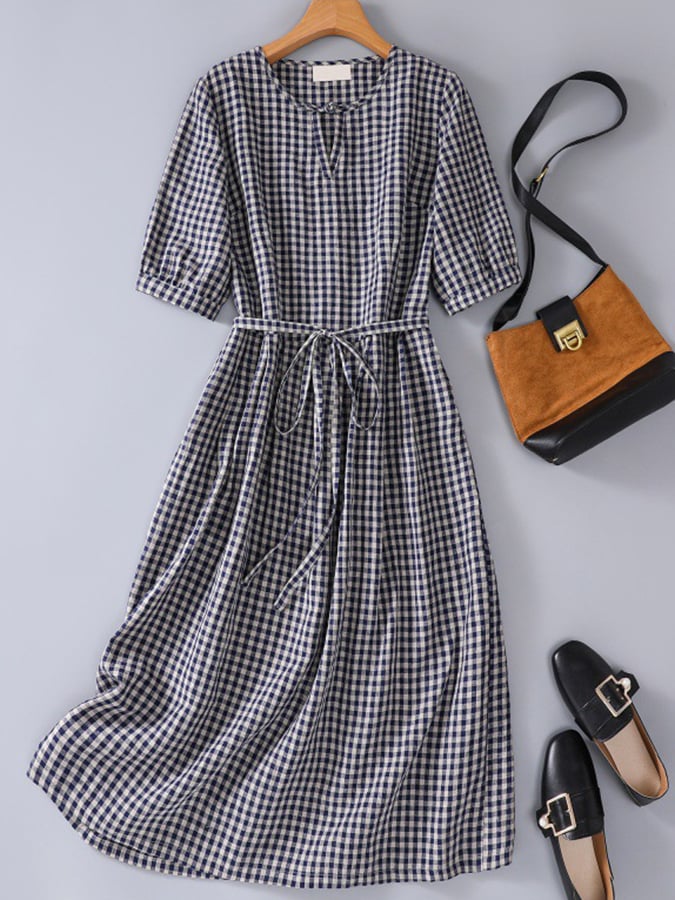 Lovevop Women's Cotton Linen Vintage Plaid Wrap Dress - Loose Fit Slim Waistband Floral Summer Dress for Casual Outings, Beach Wear & Boho Style Fashion