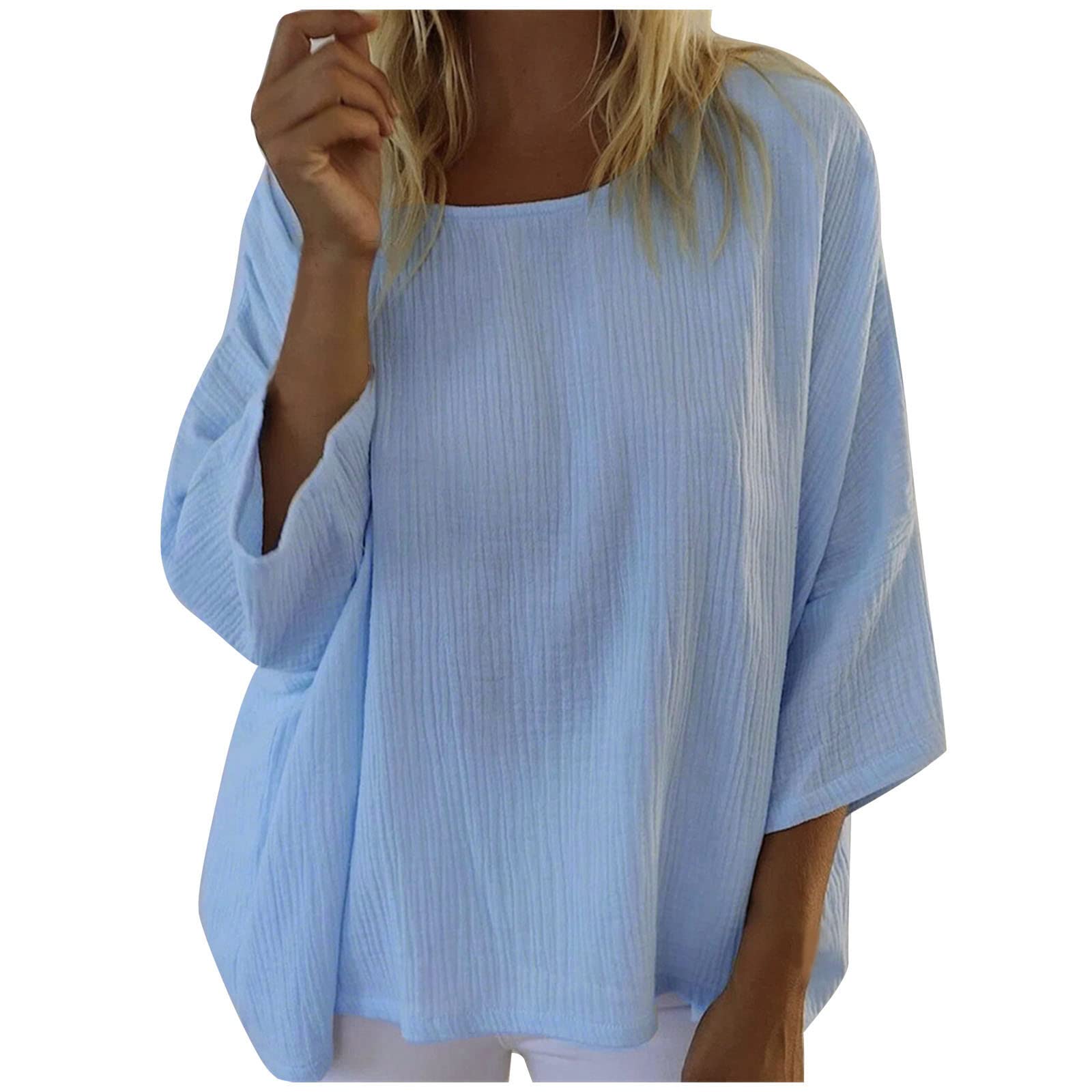 Women's 3/4 Sleeve Cotton Linen Blouse - Crew Neck Loose Fit Comfortable Solid Color T-Shirt - Casual Fashion Top for Work, Office & Everyday Wear