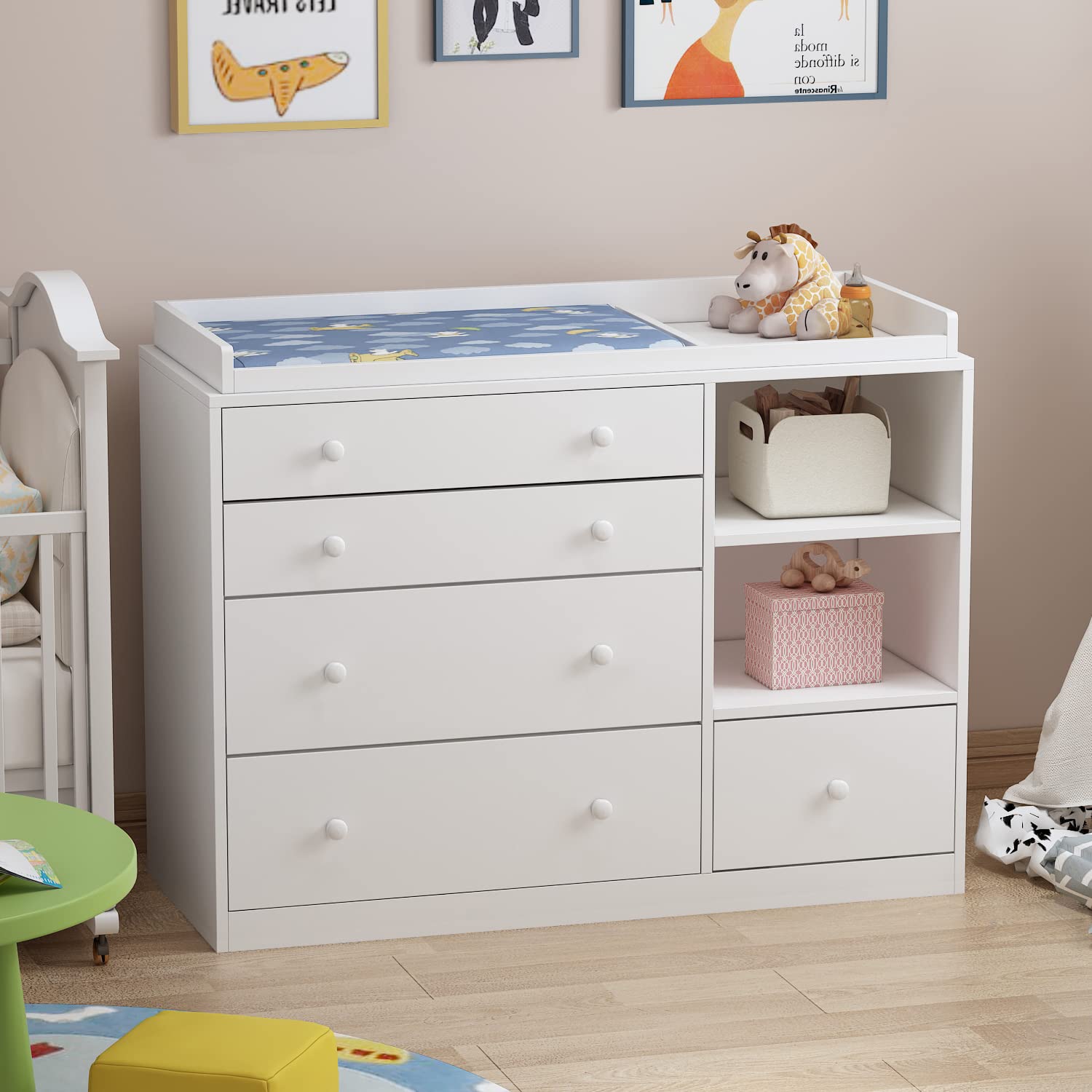 AIEGLE White 5-Drawer Baby Dresser with Storage Shelves - 47.6