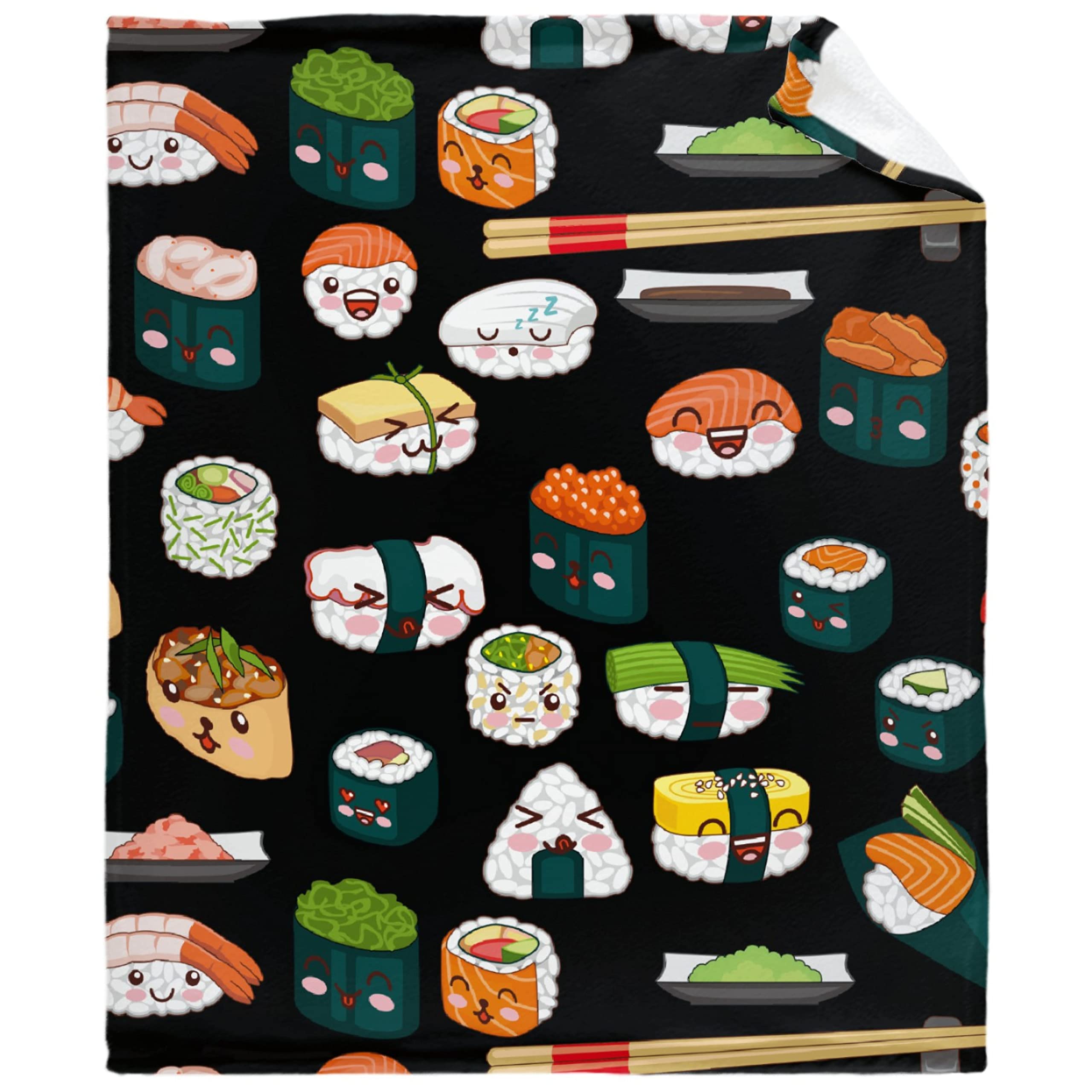 Anime Sushi Plush Blanket - Soft Flannel Cartoon Food Throw for Kids, Teens & Adults - Cozy XL 90x120 Inch Bed & Couch Blanket - Perfect for Family Movie Nights, Dorm Rooms & Home Decor (Black)