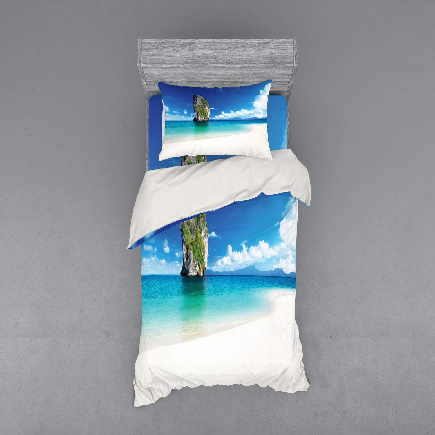 Ambesonne Island Duvet Cover Set - Coastal Cliff Rock Seascape Design, 3-Piece Bedding Set with Pillow Sham & Fitted Sheet, Twin XL Size in Blue White Cream | Perfect for Beach House Decor, Vacation Home Bedroom & Coastal Themed Interior Design