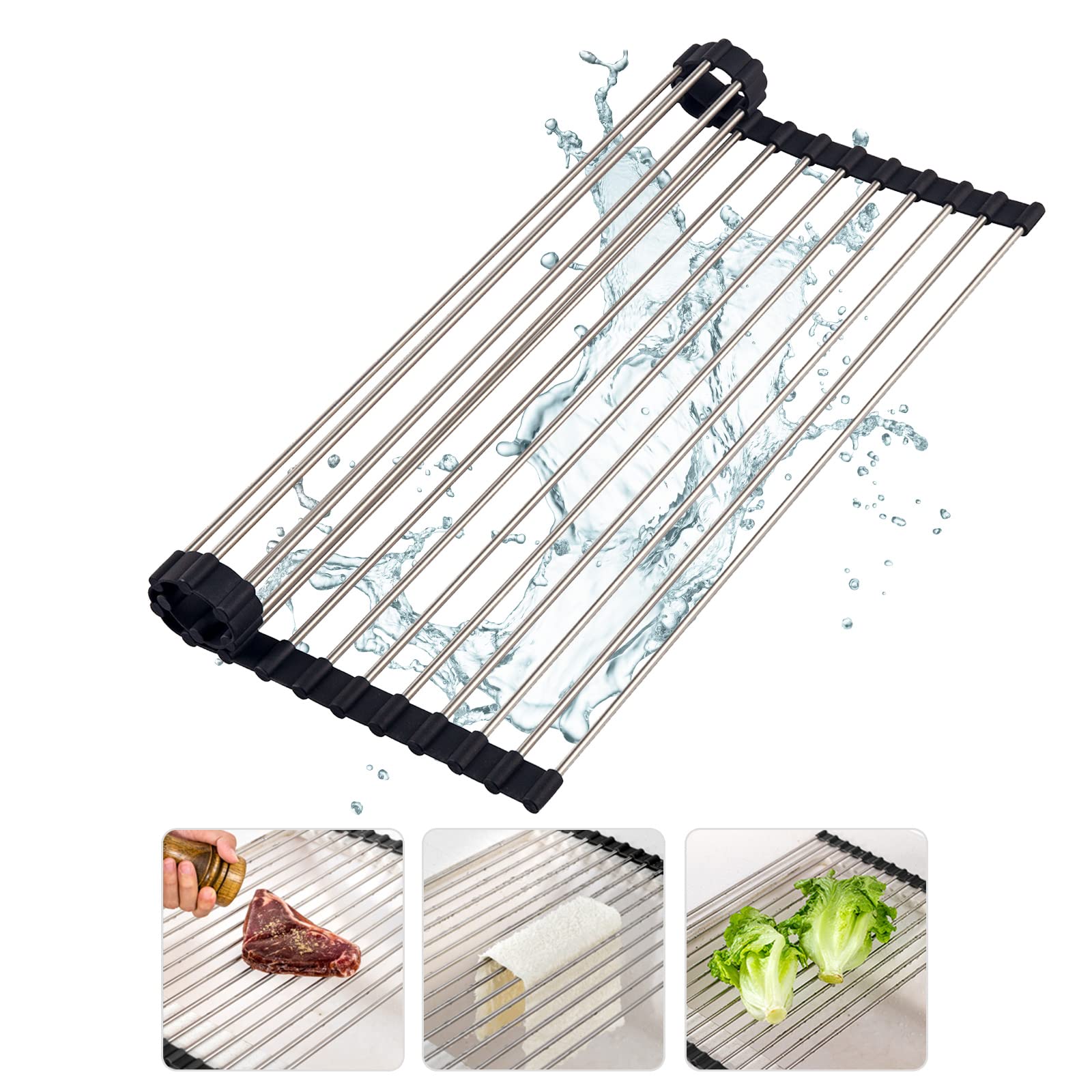 Kitpop Roll-Up Dish Drying Rack - Large Foldable Over Sink Kitchen Organizer, Portable Space-Saving Dish Rack for Dishes & Utensils (Black, 20.5