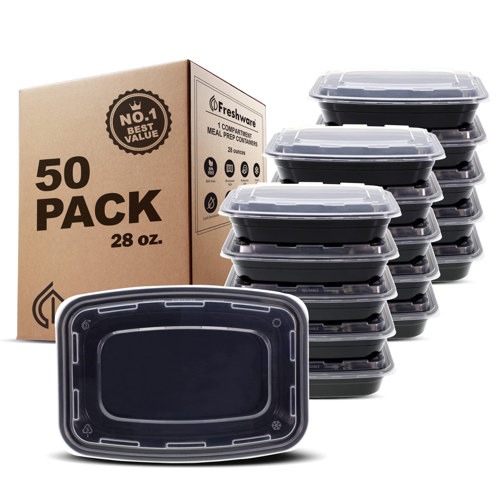 Freshware 50-Pack Meal Prep Containers - 28oz BPA-Free Food Storage Containers with Lids | Stackable, Microwave, Dishwasher & Freezer Safe | Perfect for Bento Boxes, Lunch Prep & Leftovers