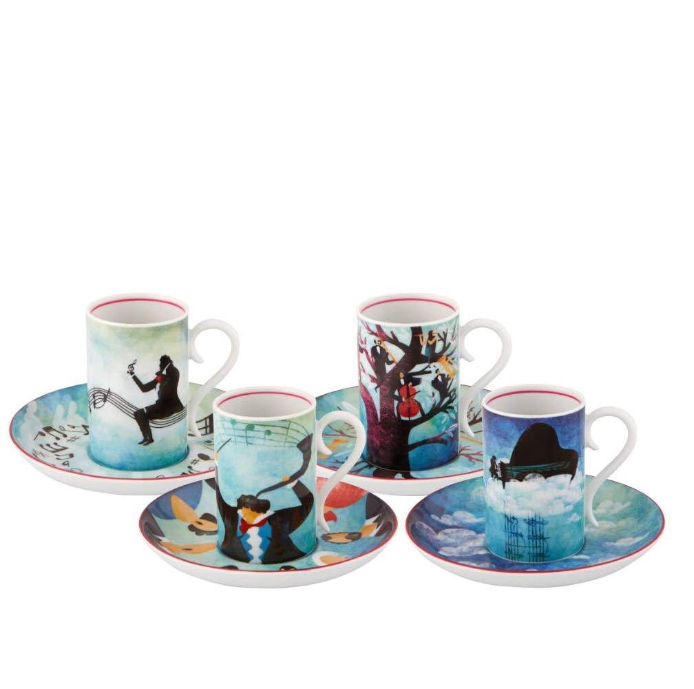 Vista Alegre Beethoven Porcelain Coffee Set - 4 Cups and 4 Saucers, Elegant Tea Set for Home, Cafe & Gift Giving