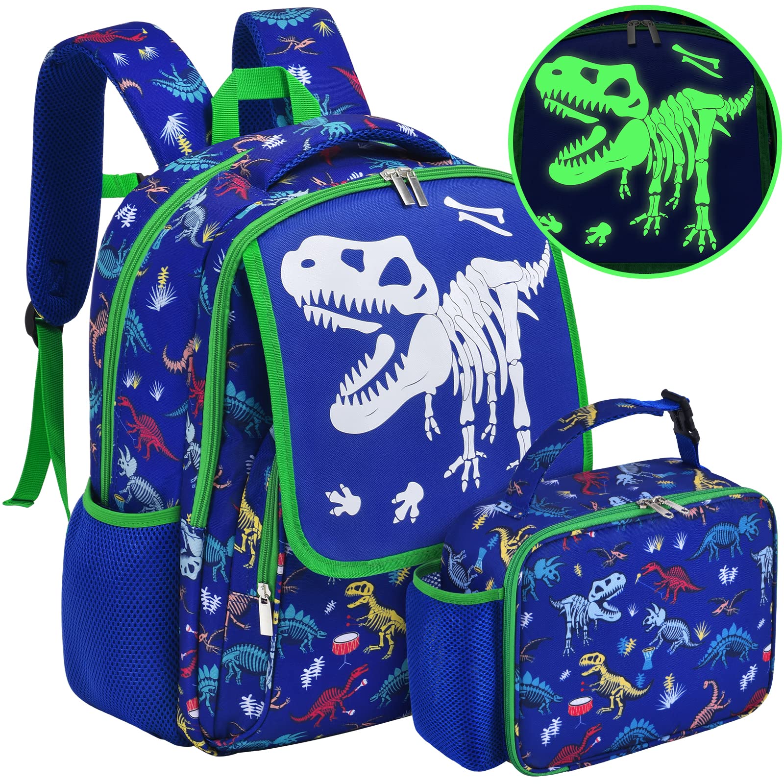 Luminous Dinosaur Backpack Set for Boys - Lightweight School Backpack with Insulated Lunch Box for Preschool, Kindergarten & Elementary | Jurassic World Themed Bookbag for Camping, Hiking & Daily Use