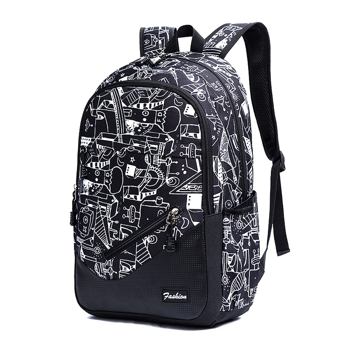 Ozmego School Backpack for Boys Girls - College Bookbag for Teens (Black Print) - Perfect for Daily Use & Travel
