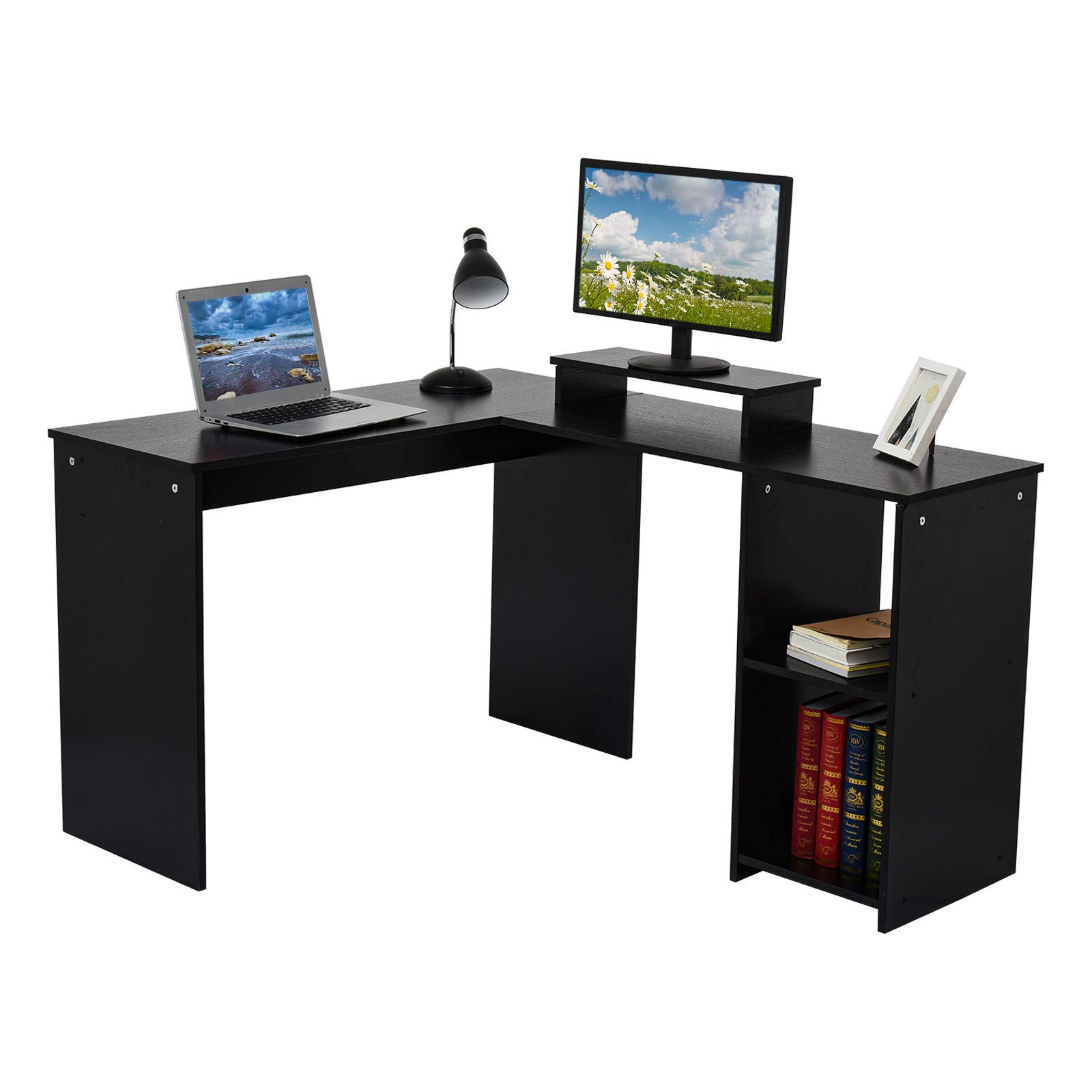 L-Shaped Computer Desk with Storage Shelves, Home Office Corner Desk with Monitor Stand, Space-Saving Writing Workstation Gaming Desk, Modern Wood Study Desk - Black (US Shipping) | Perfect for Small Spaces, Home Office, Gaming Setup & Remote Work