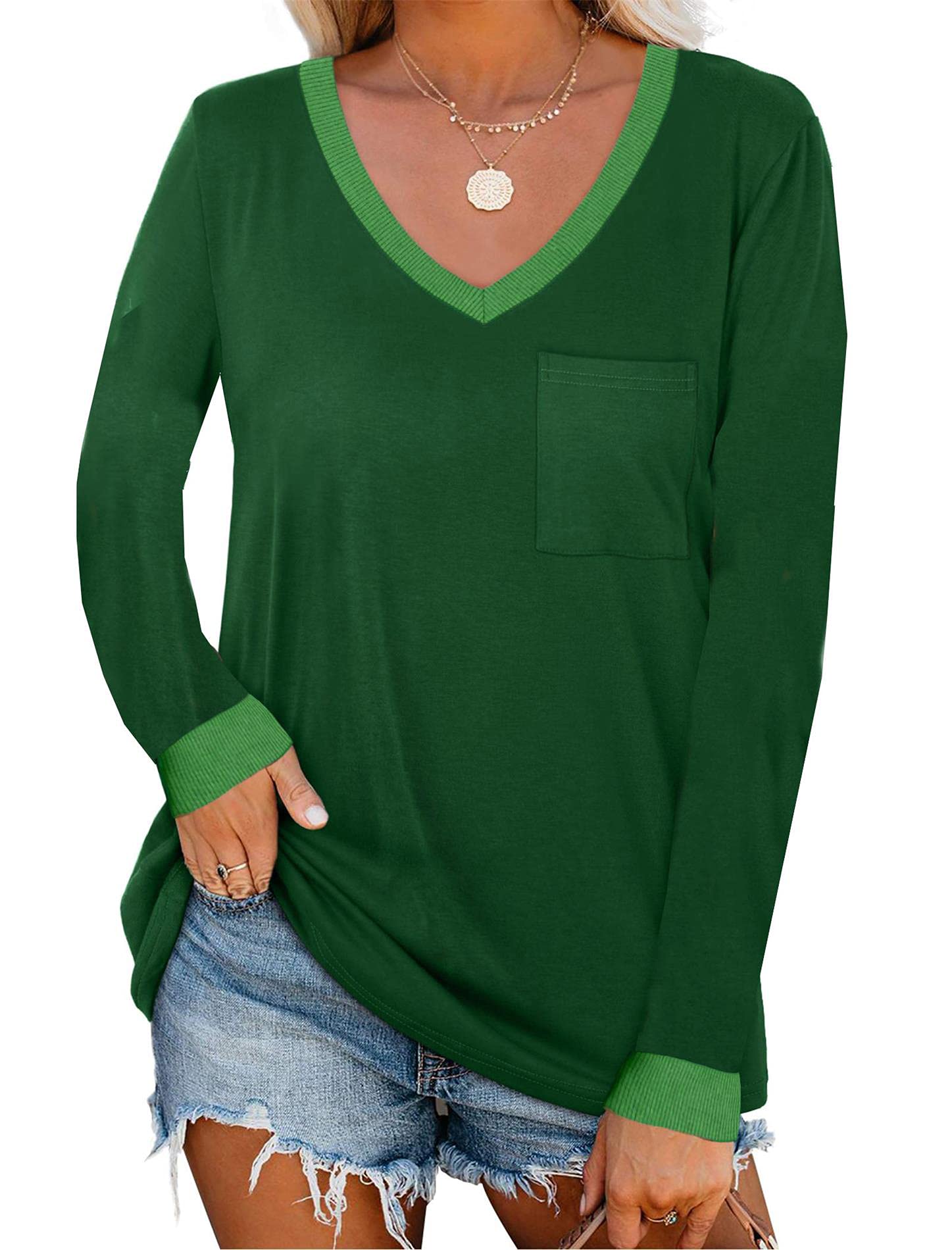 Women's V-Neck Long Sleeve T-Shirts - Basic Loose Fit Casual Tops with Pocket for Fall & Winter | Comfortable Everyday Wear for Work, Travel & Outings