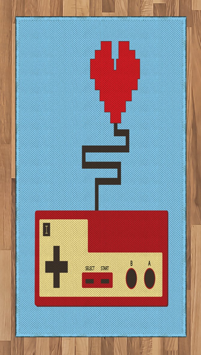 Pixel Art Heart & Controller Gamer Rug - Flat Woven Blue Beige Accent Carpet 2'6