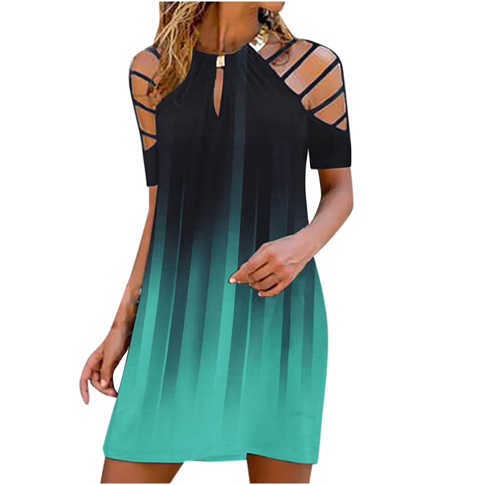 Women's Casual Halter Neck Mini Dress - Gradient Print Hollow Short Sleeve Sundress for Beach, Party & Summer Outings | Flowy Comfort Fit for Vacations, Date Nights & Outdoor Events