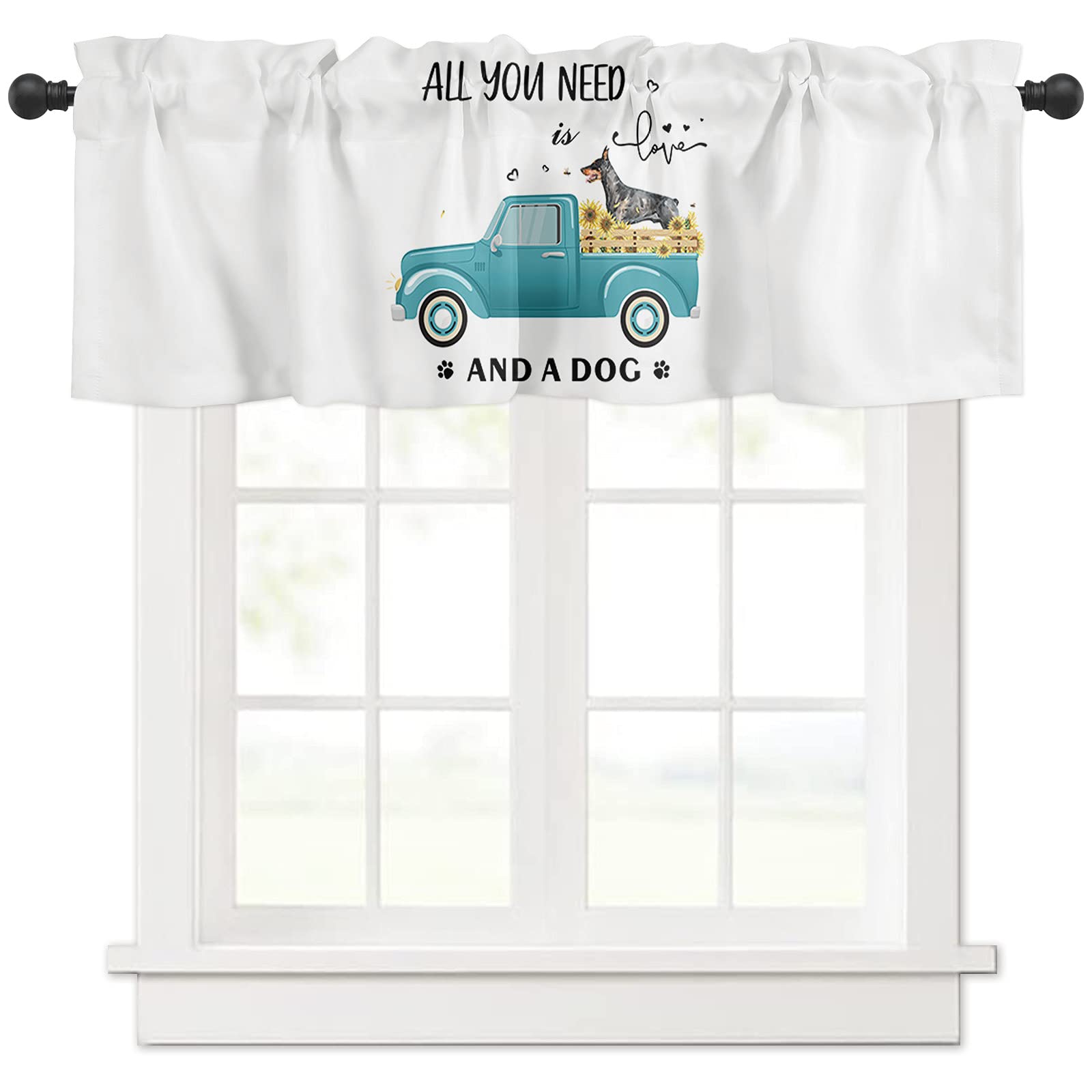Farmhouse Animal Print Curtain Valances - 54x18 Inch Rustic Truck & Puppy Floral Window Toppers for Living Room, Bedroom & Kitchen - Rod Pocket Design for Cozy Home Decor