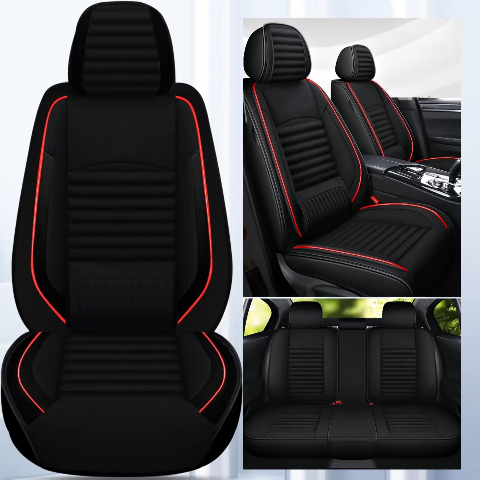 Premium Waterproof Faux Leather Car Seat Covers - Full Set 5 Seats for 2007-2021 Kia Sorento | Airbag Compatible | Red & Black | Perfect for Road Trips, Daily Commutes & Family Protection